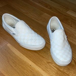 White on White checkered slip on Vans